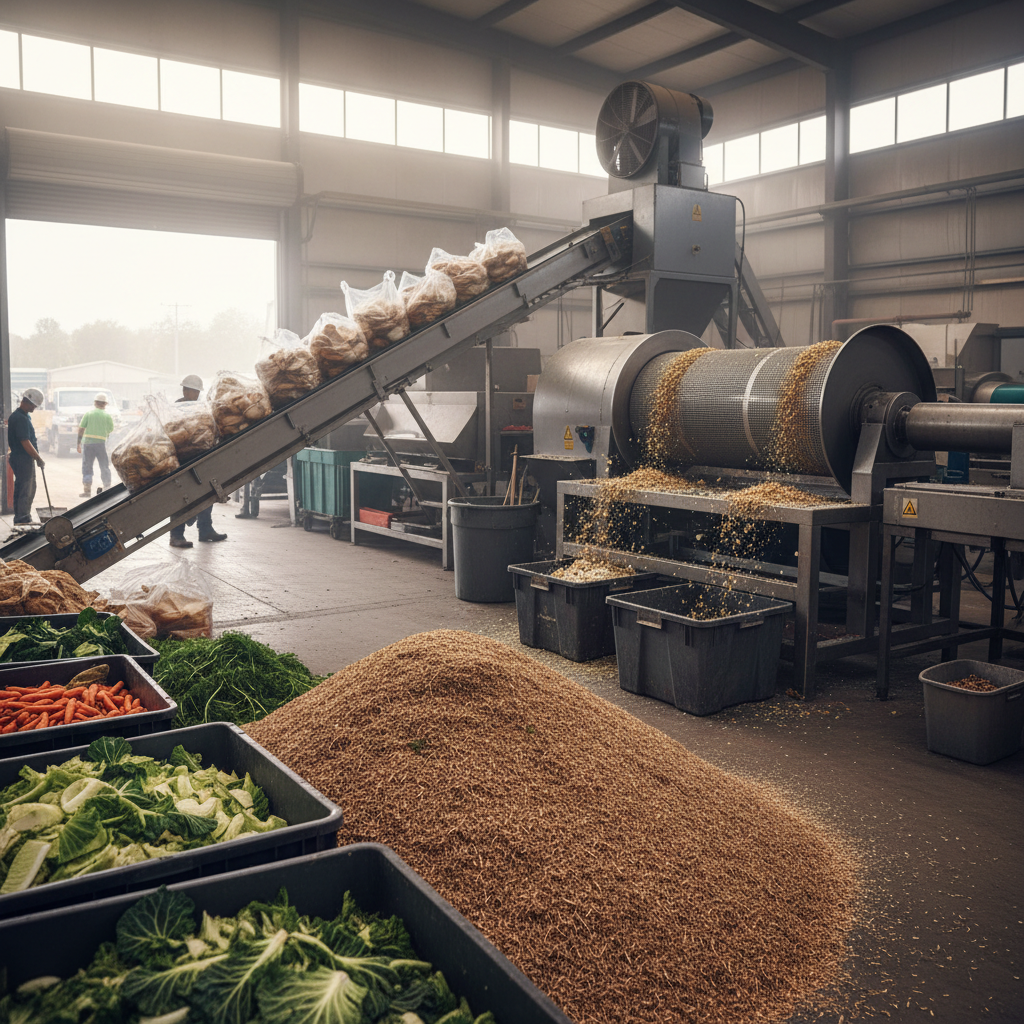 Large waste processing center with conveyor systems and sorting machinery under industrial lighting
