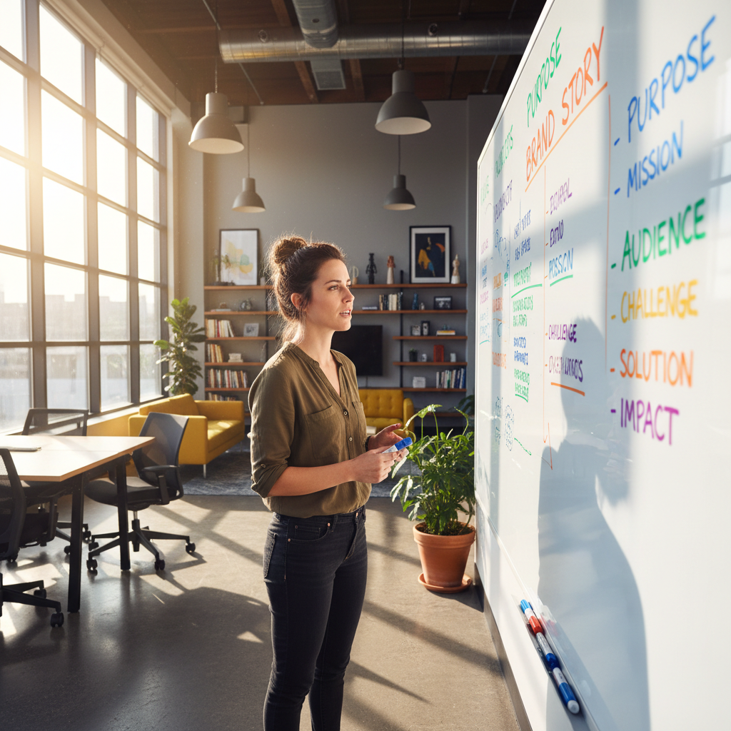 Creative professional writing brand strategy on whiteboard in bright collaborative space