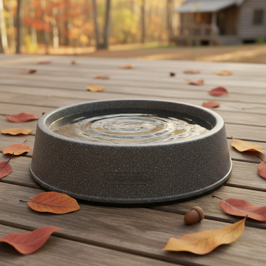 Durable outdoor heated dog water bowl on a wooden deck in autumn