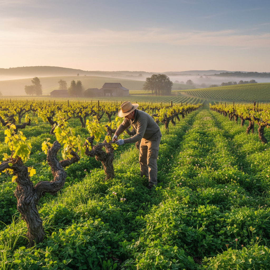 Vineyard worker tending old vines in early morning light with green cover crops between rows