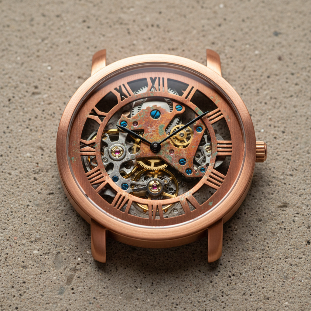 Copper Atlas — Industrial Statement wall clock, 30 inches diameter, Open-frame copper with exposed movement and aged patina numerals