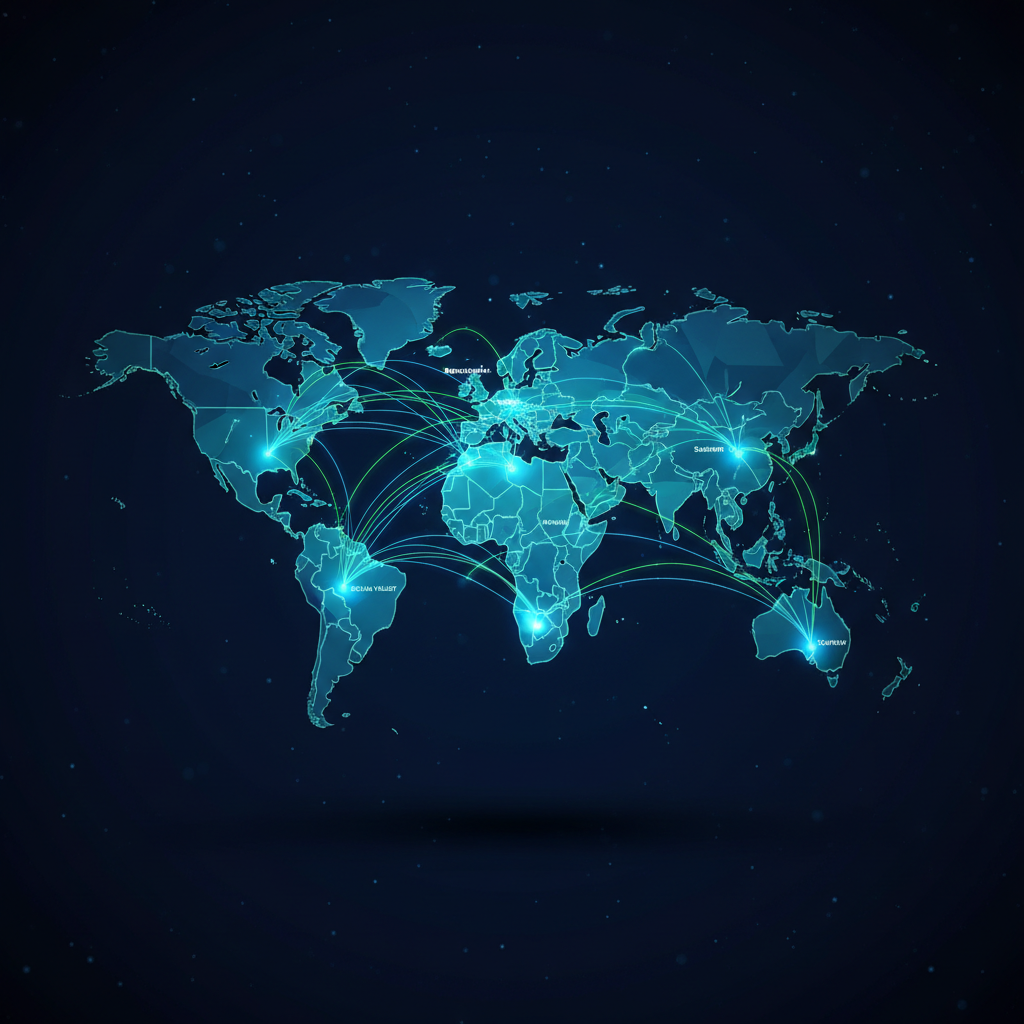 Vivid full-color digital illustration of a stylized world map with glowing data flow lines connecting major tech hubs