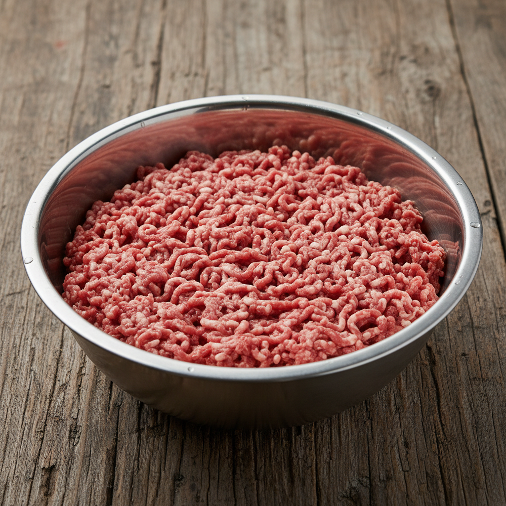 Fresh ground beef mince in stainless steel bowl, butchery preparation, clean white surface