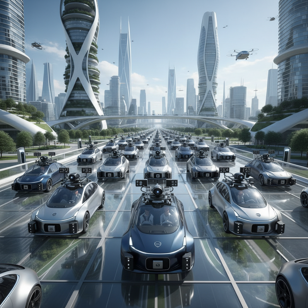 Dark futuristic autonomous vehicle sensor overlay with glowing detection boxes and dim atmospheric lighting