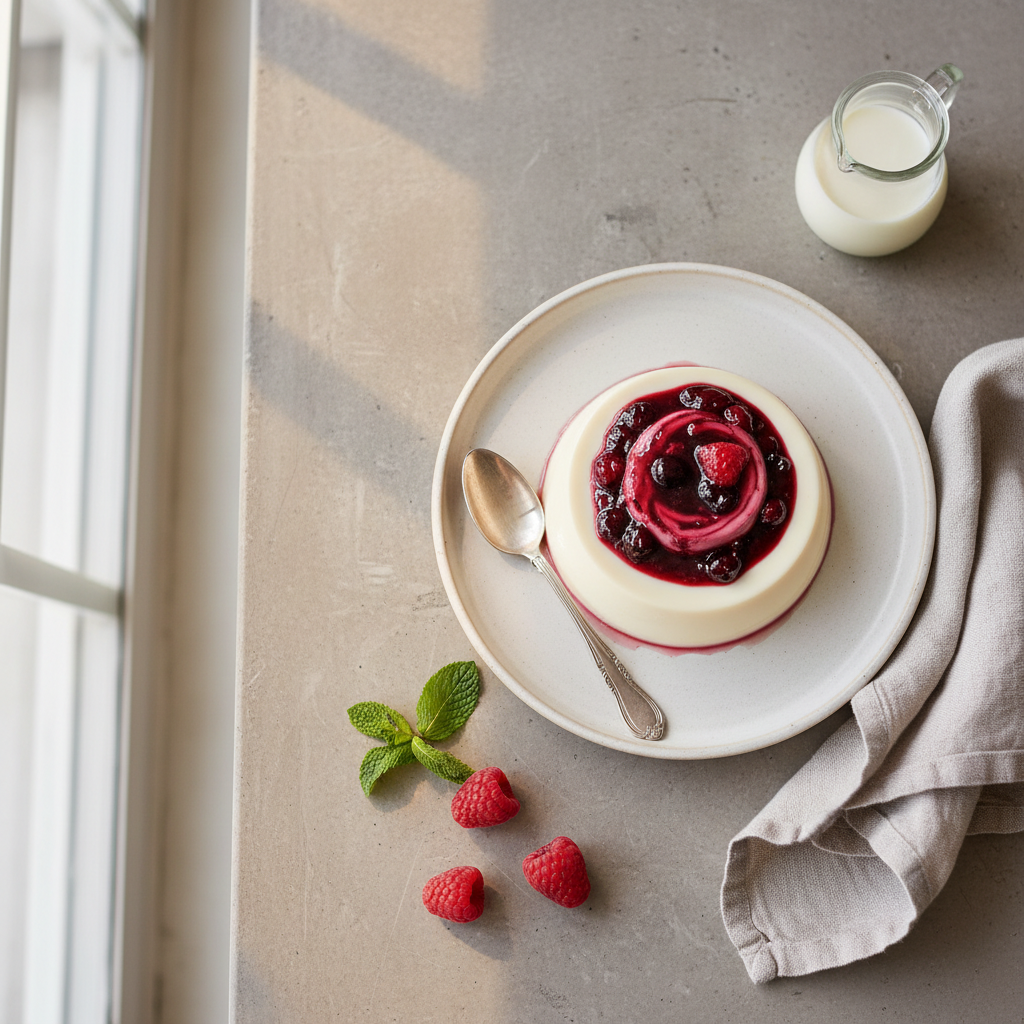 Elegant white panna cotta with deep red berry sauce and fresh mint leaf on white plate