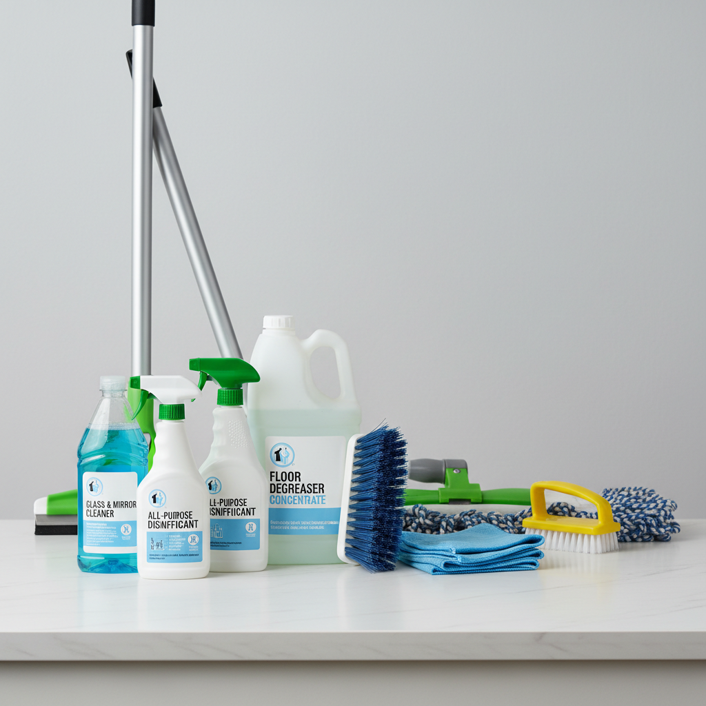 Array of professional cleaning products and supplies on white shelves, bright clean setting