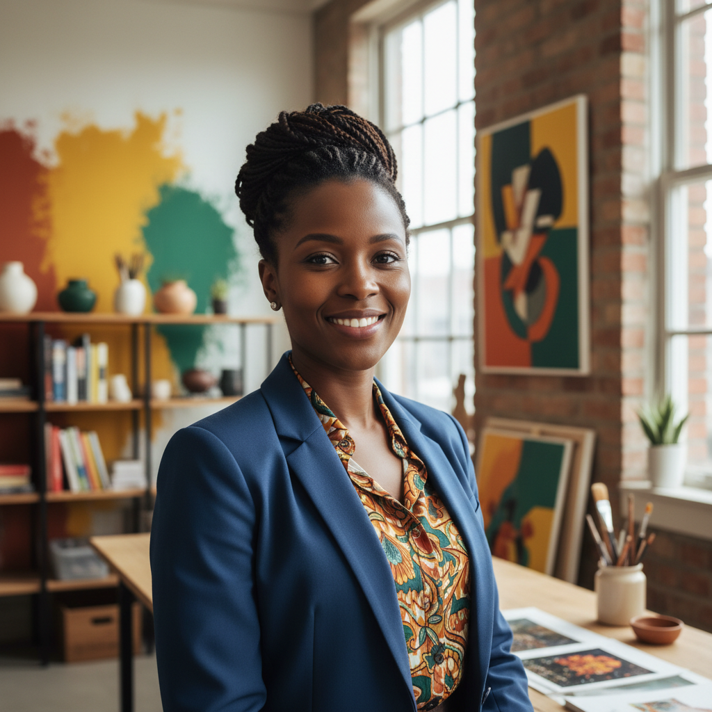 Professional woman smiling confidently in a bright creative workspace