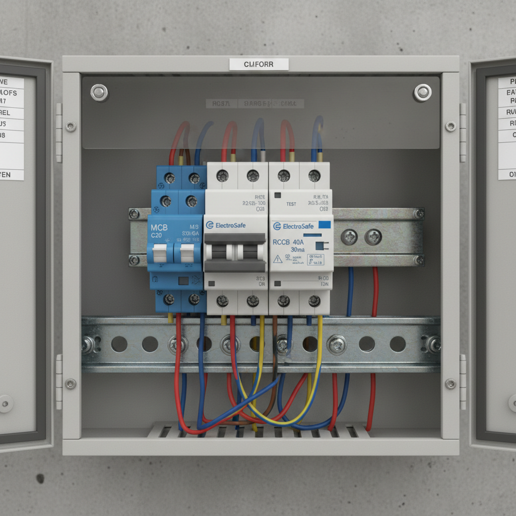 Low tension distribution panel with MCBs and MCCBs arranged on DIN rails in a commercial building