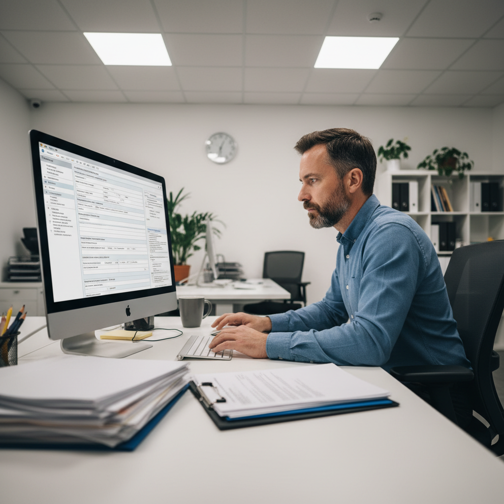 IT специалист в синей рубашке ремонтирует компьютер на современном рабочем столе с инструментами