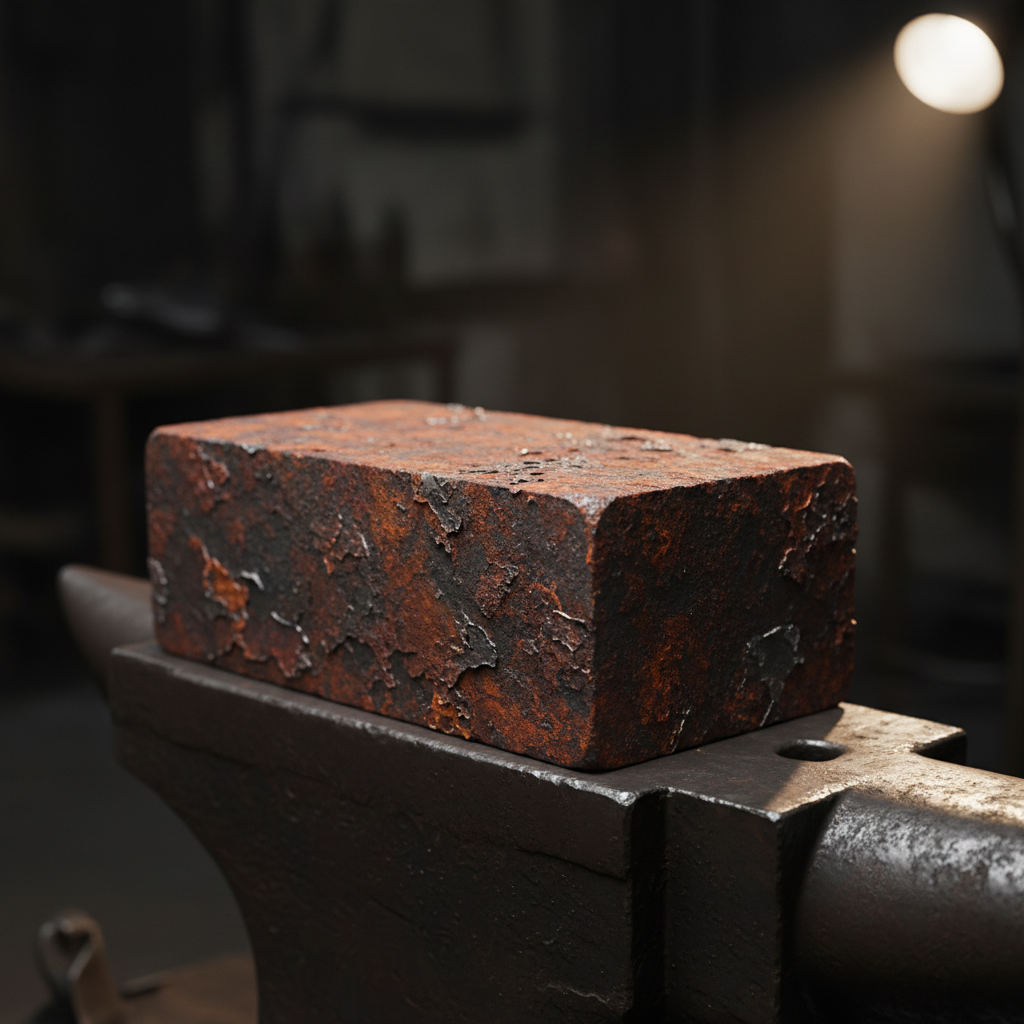 Raw oxidized steel billet on an anvil under directional tungsten light in a forge workshop