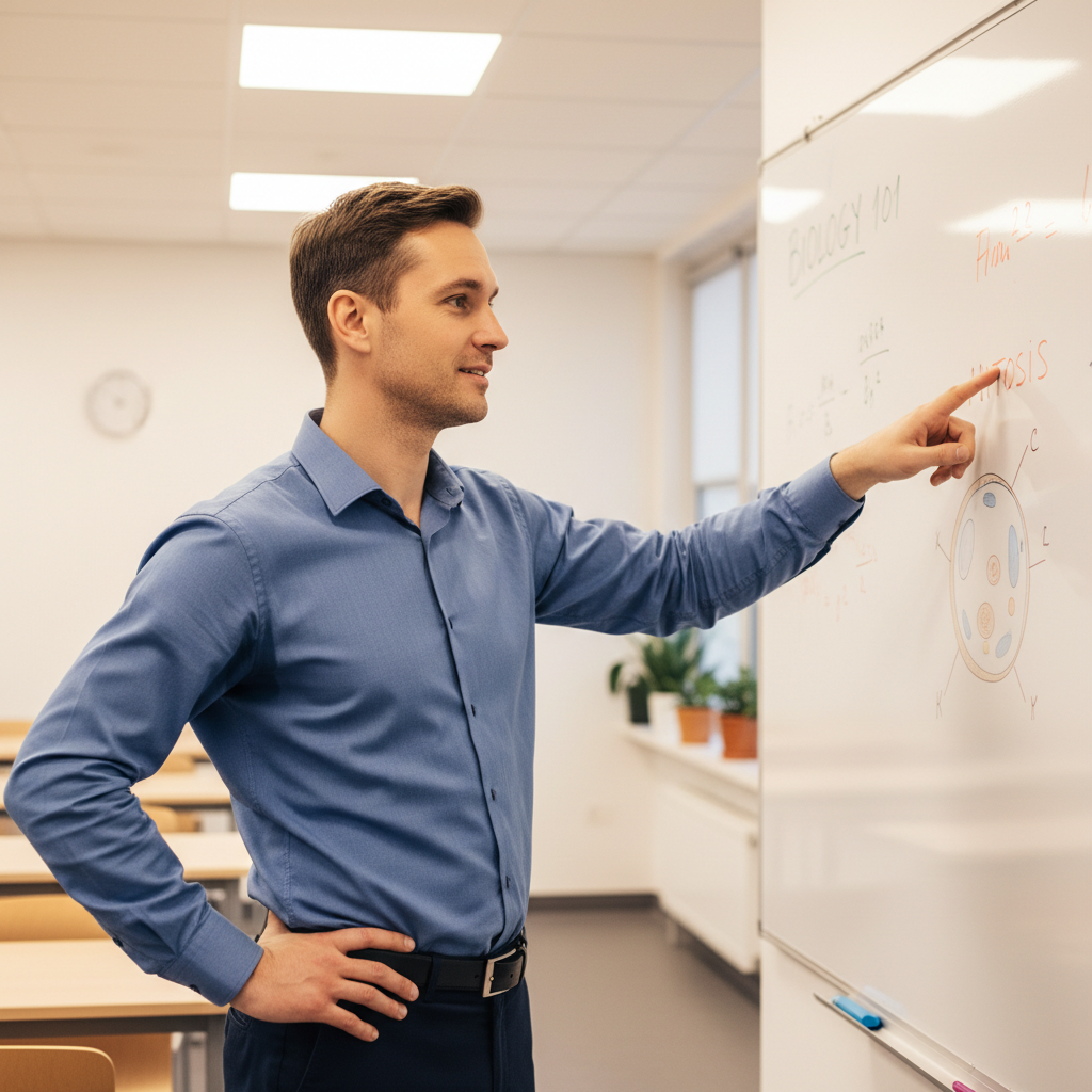 Male teacher gesturing at whiteboard