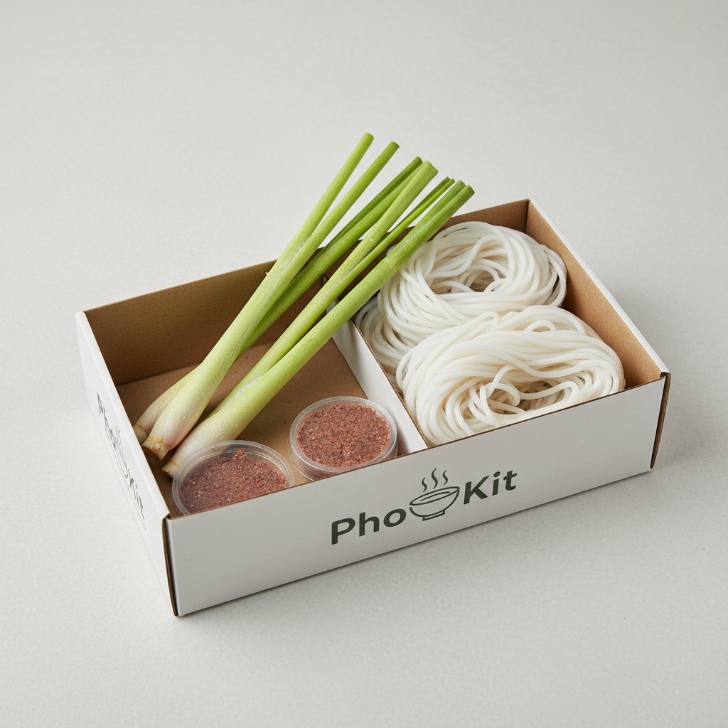 PhoKit box open showing lemongrass stalks, shrimp paste, and thick round rice noodles