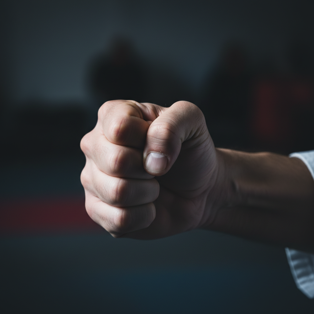 Close-up of white knuckles and clenched fist against dark background during karate grading examination