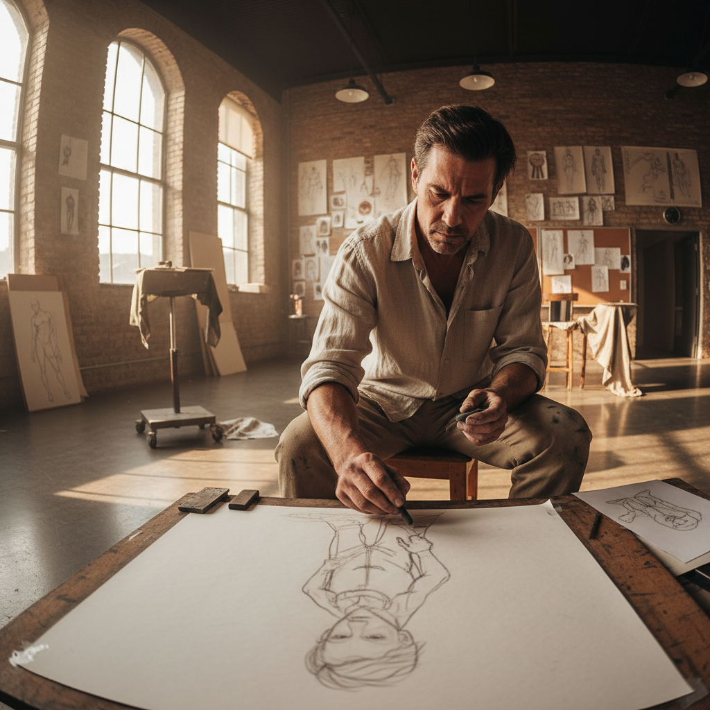 Theo Kanaris, life drawing teacher, sketching in his studio with afternoon light