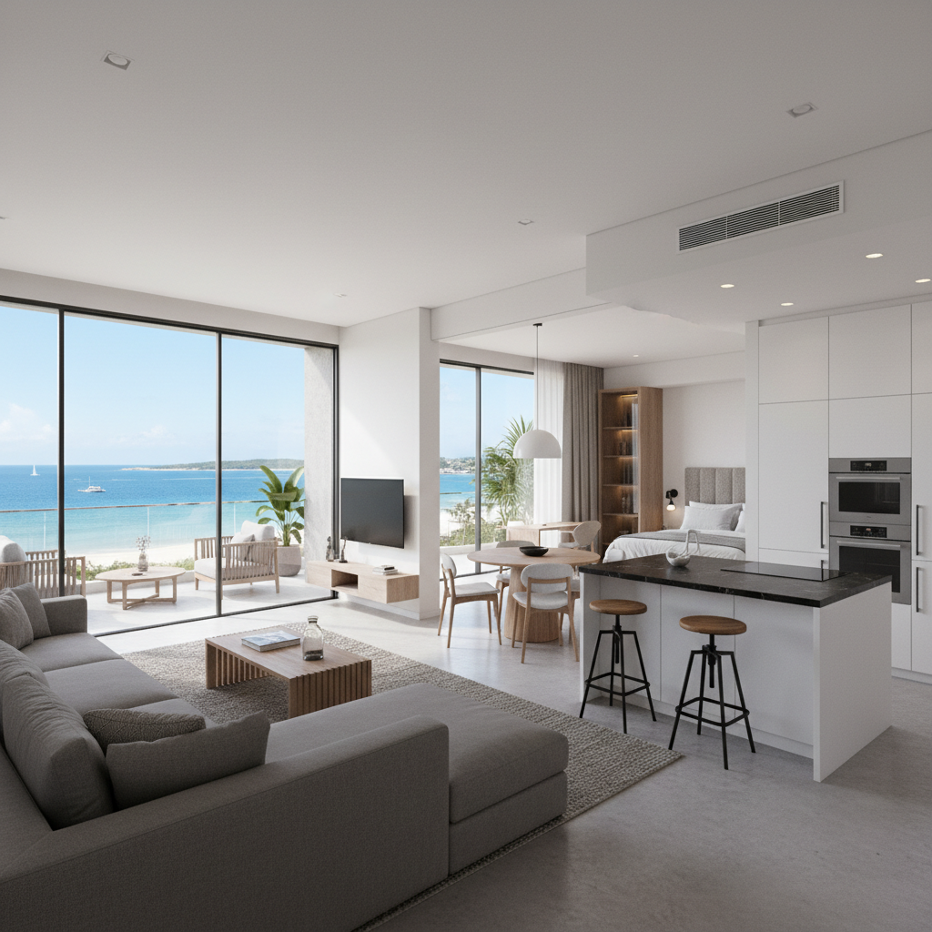 Executive one-bedroom apartment with contemporary design, full kitchen and seafront balcony in Kigamboni