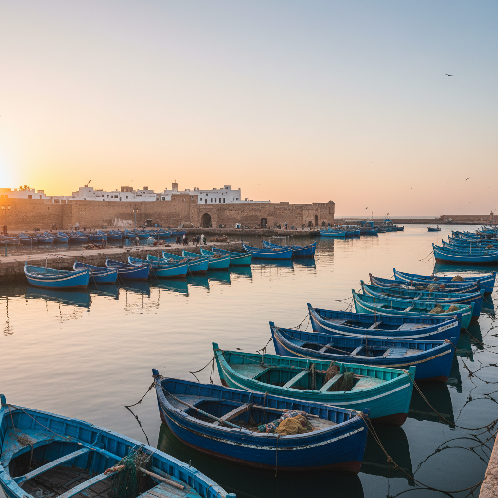 Essaouira coastal ramparts blue boats in harbour, Atlantic ocean, white medina walls