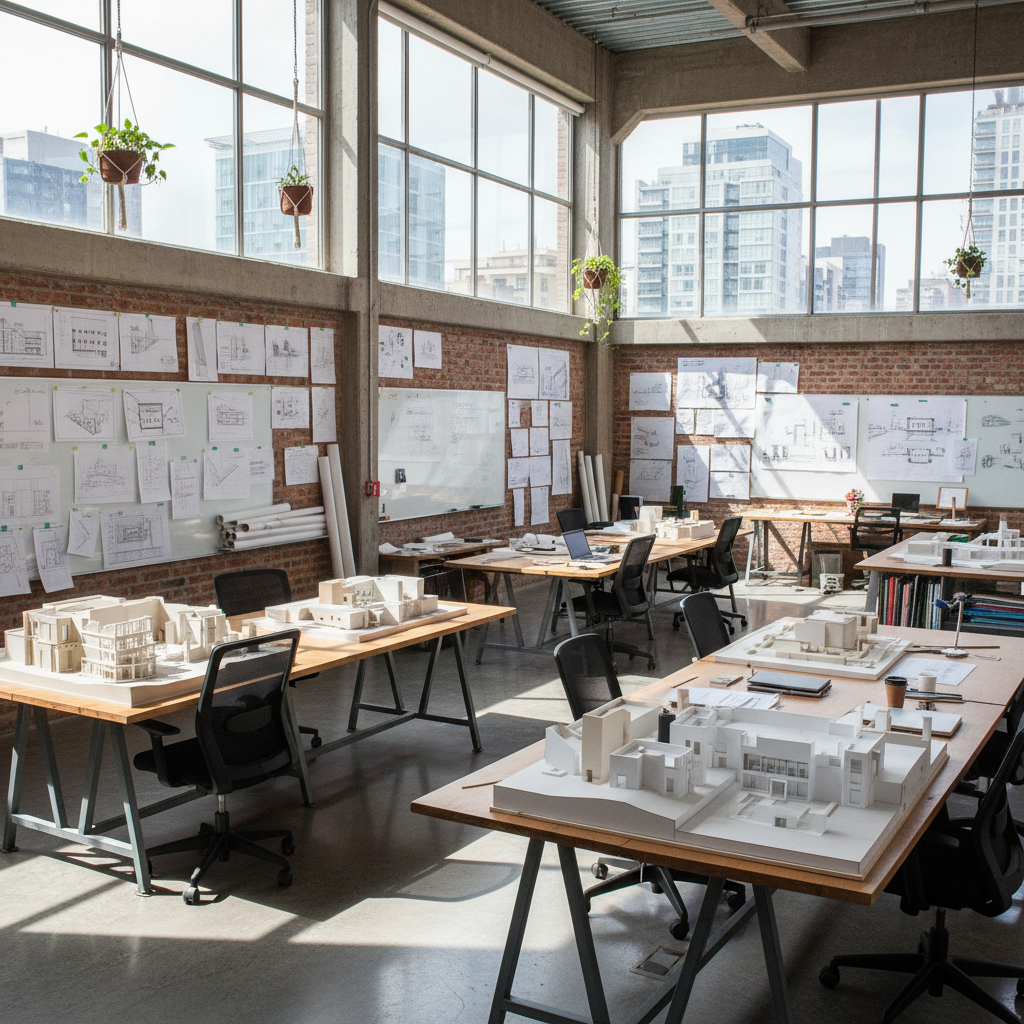 Architectural studio workspace with large drafting tables, natural light flooding through tall windows, and architectural models on white shelves