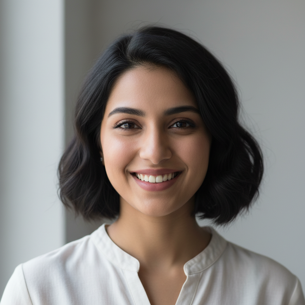 Young Pakistani woman smiling confidently, bright studio lighting, clean background