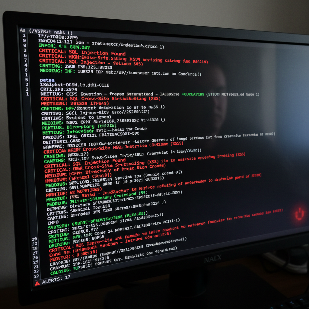 Dark terminal screen showing network scanning output with green text on black background representing automated vulnerability scanner