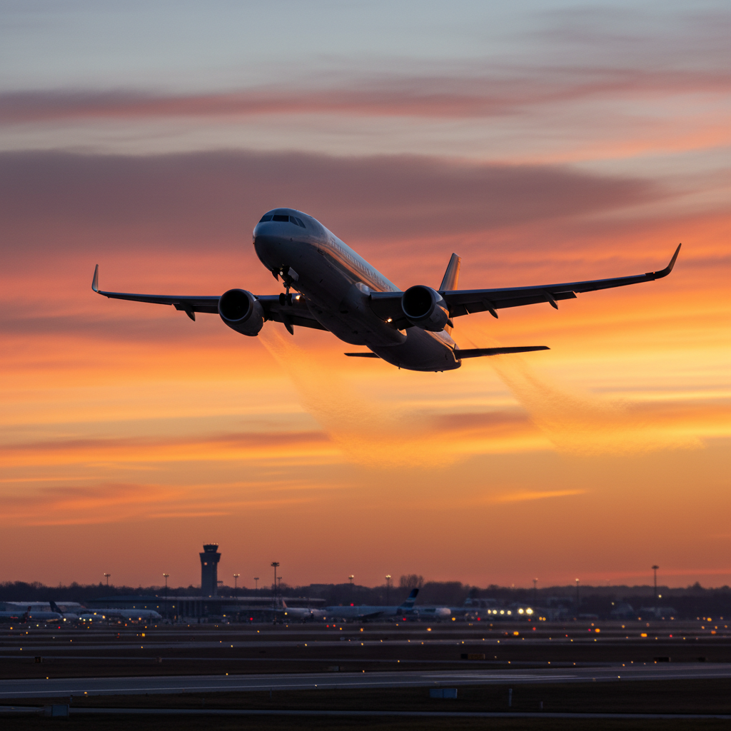 Avión despegando al atardecer con cielo naranja y rosa, nubes doradas, perspectiva desde pista de aeropuerto