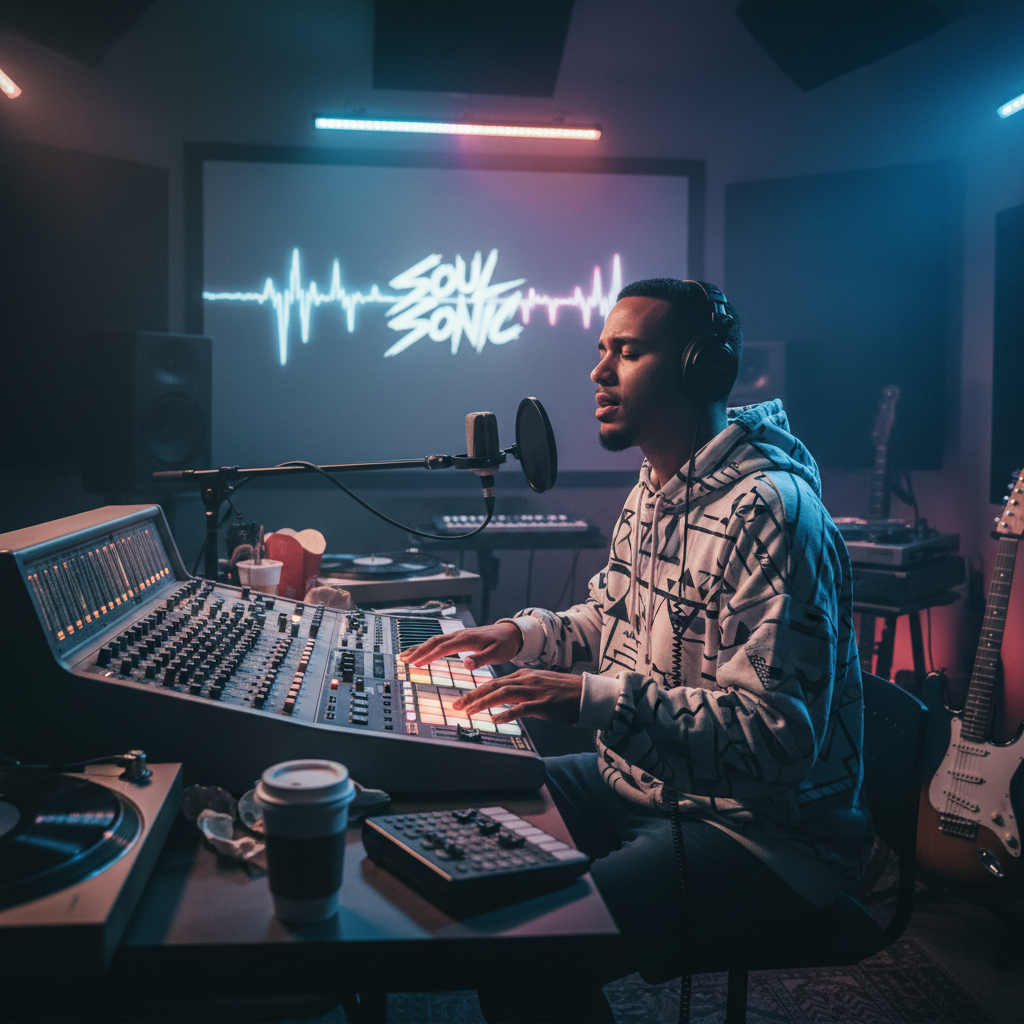 Young male artist in studio recording booth with microphone