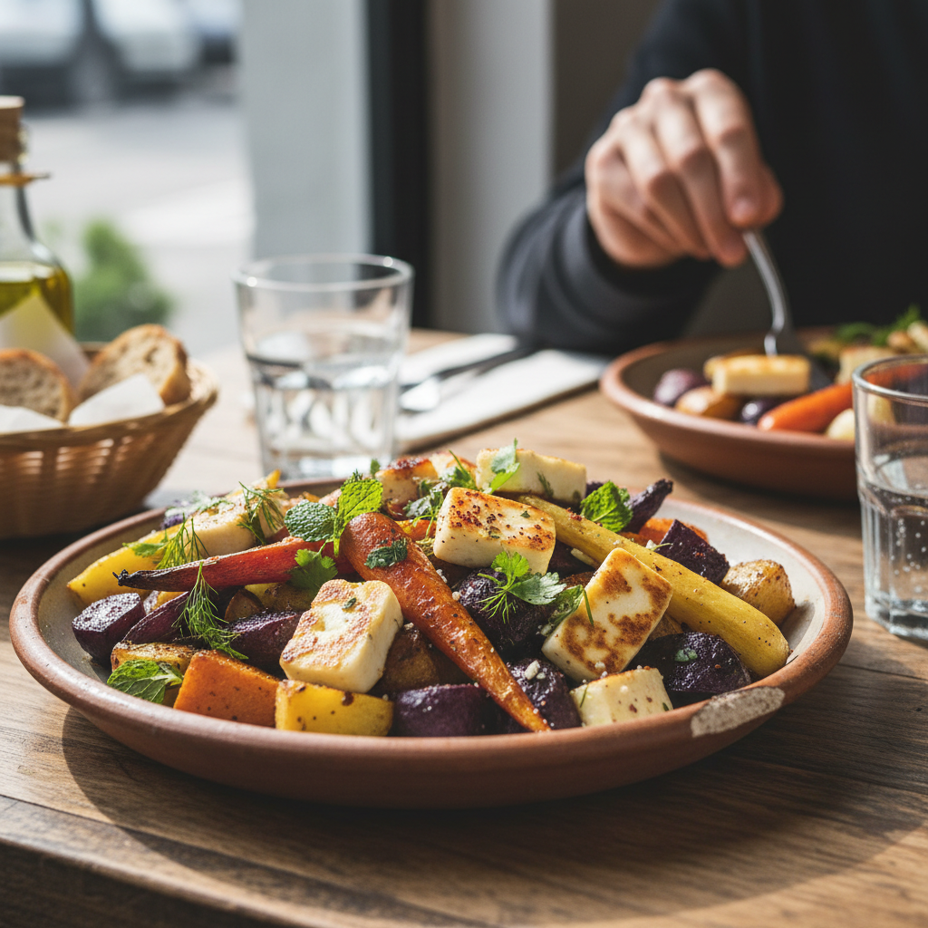 Fresh Mediterranean grain bowl with hummus, roasted vegetables, and feta cheese in bright natural lighting