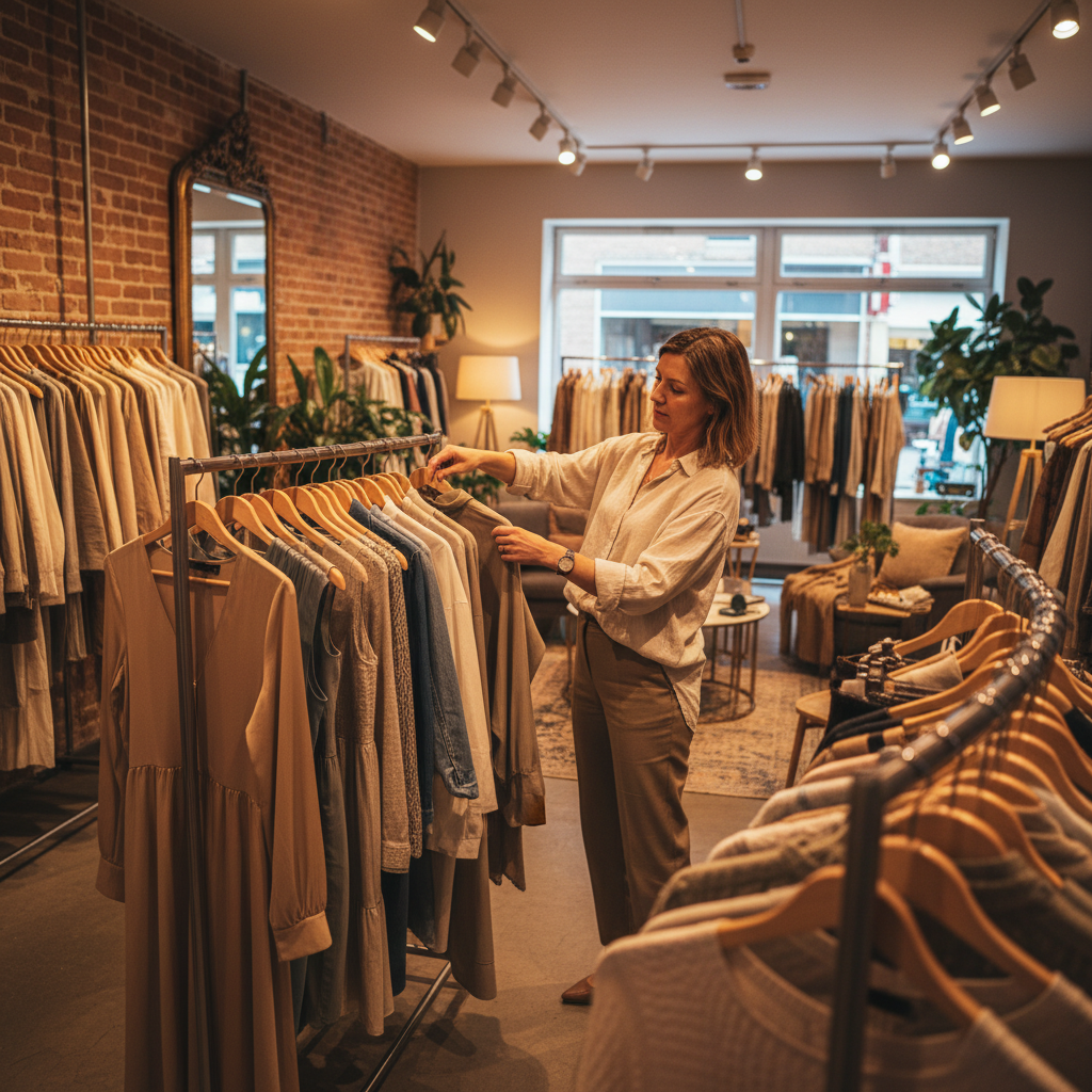 Fashion stylist arranging clothing and accessories for a photo shoot