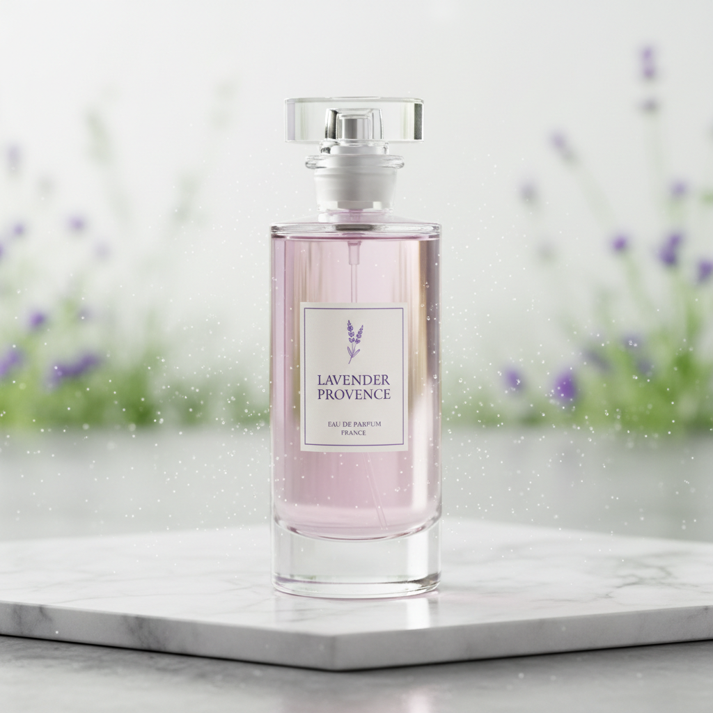 Elegant pink gift box with perfume and jewelry on marble surface, soft feminine light