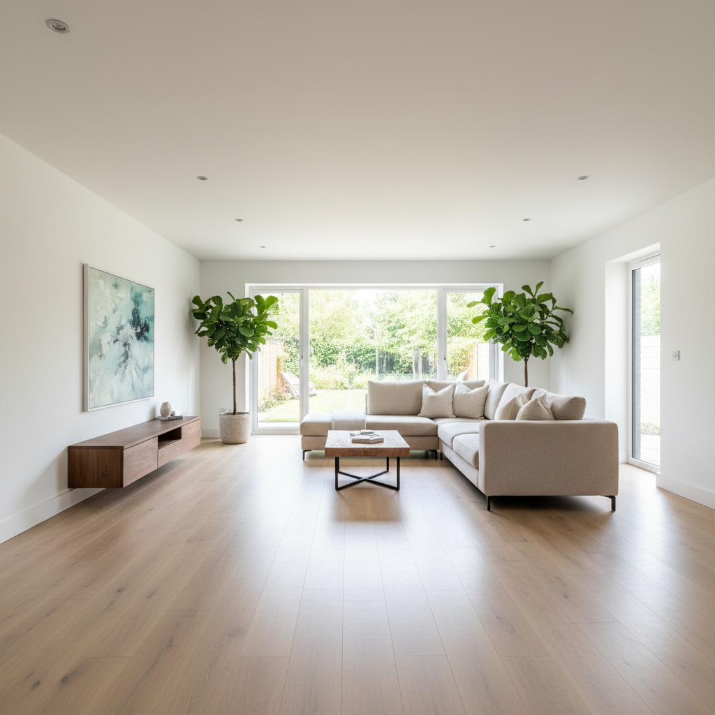 Renovated living room interior with contemporary furniture, neutral palette, and architectural ceiling details