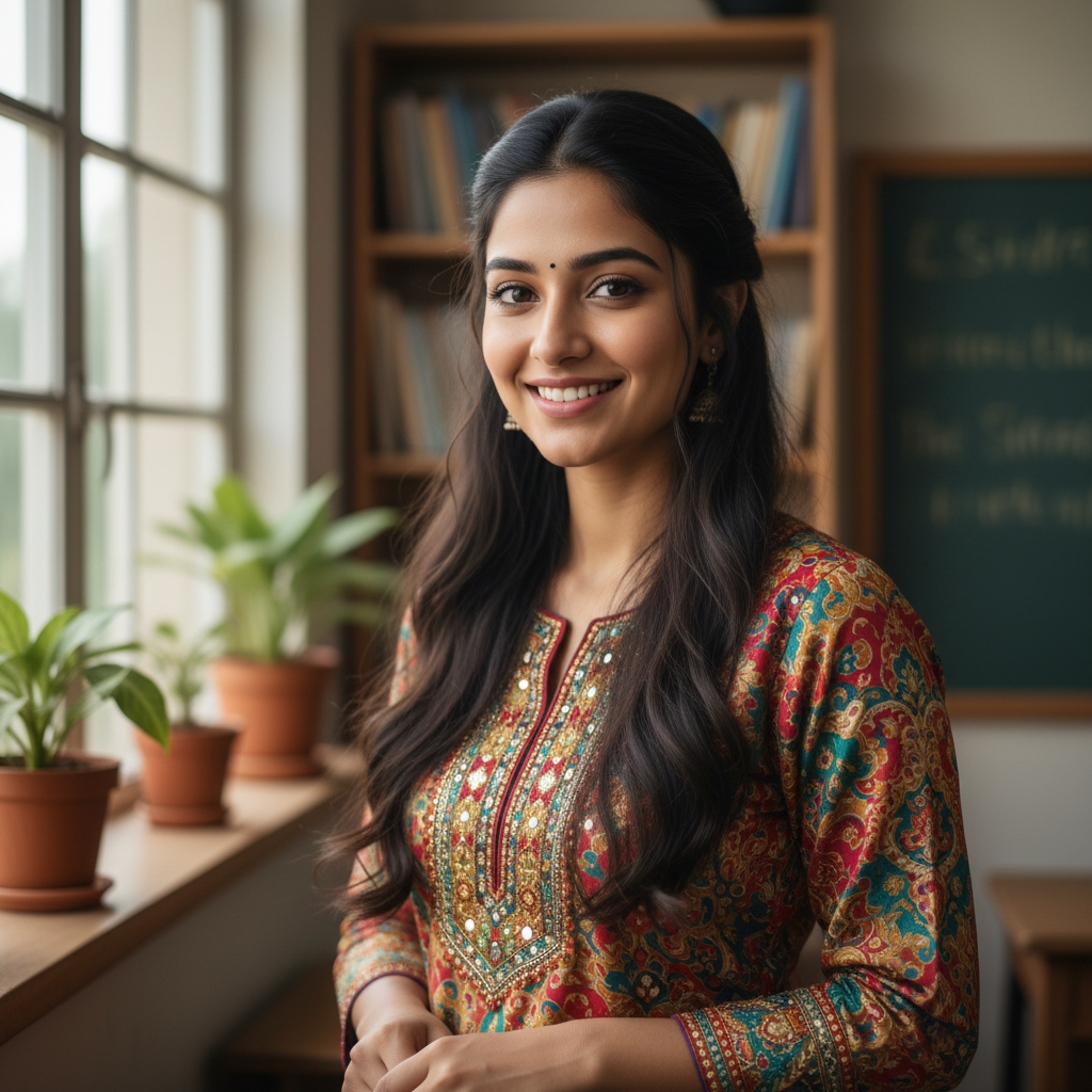 Indian woman teacher smiling warmly, casual clothing, outdoor setting