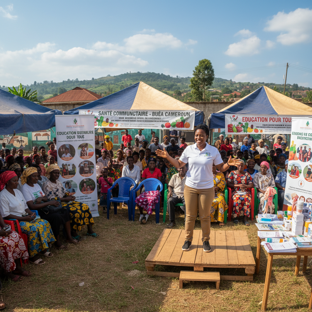 LFEDM founder Yacoubou Fatoumatou at a community event in Lomé Togo, warm outdoor setting, women empowerment