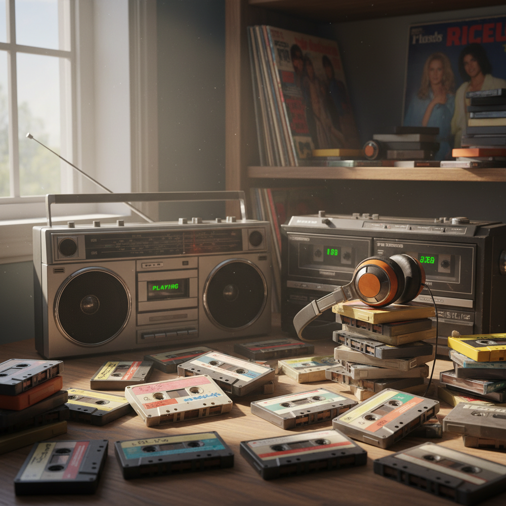 Vintage cassette tape and music equipment on wooden surface warm retro tones