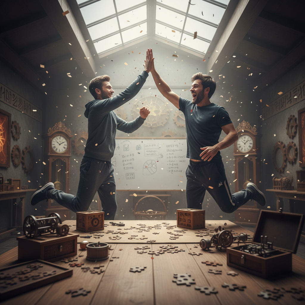 Two players giving a high-five after completing a puzzle room challenge