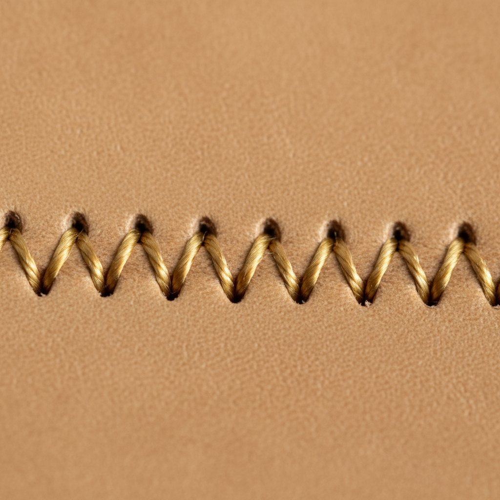 Close-up of hand saddle-stitching with waxed linen thread on black leather bag