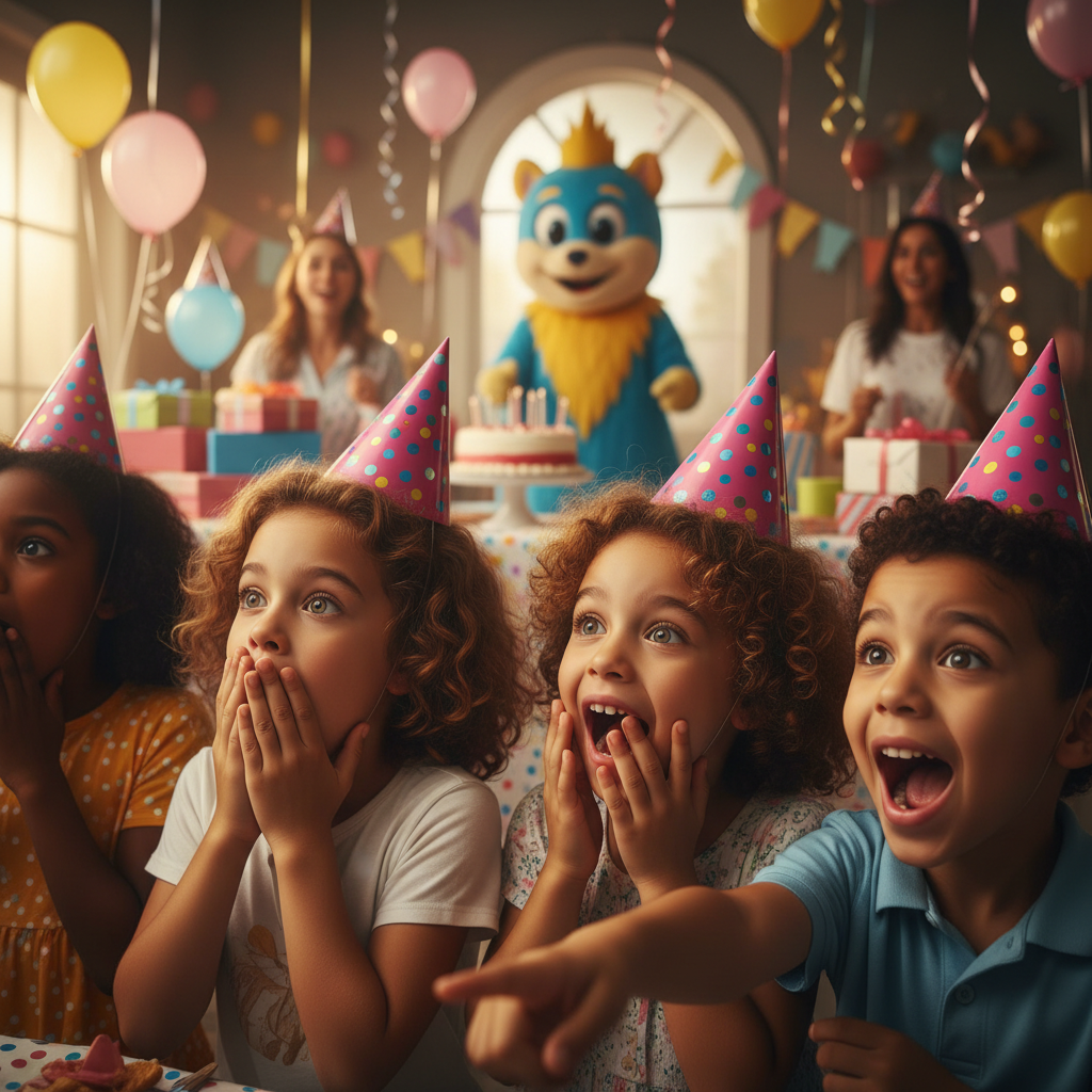Children in party hats gasping at a character arrival, mouths open in disbelief