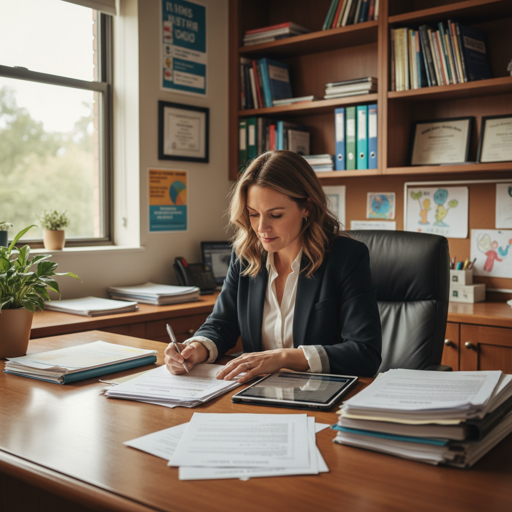 A school counselor meeting with a student in a small office