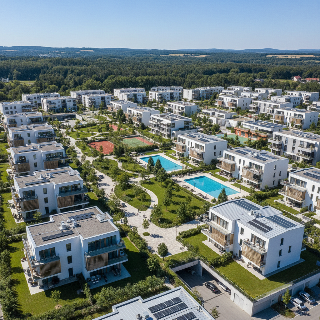 Aerial view of the residential complex with swimming pool and clubhouse
