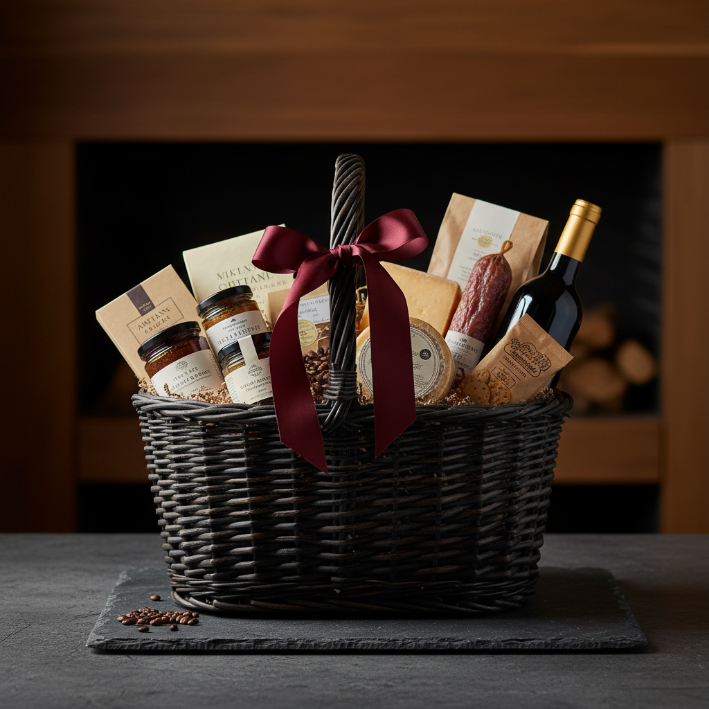Luxury gift hamper with dark woven basket containing artisan food products, ribbon-tied on slate
