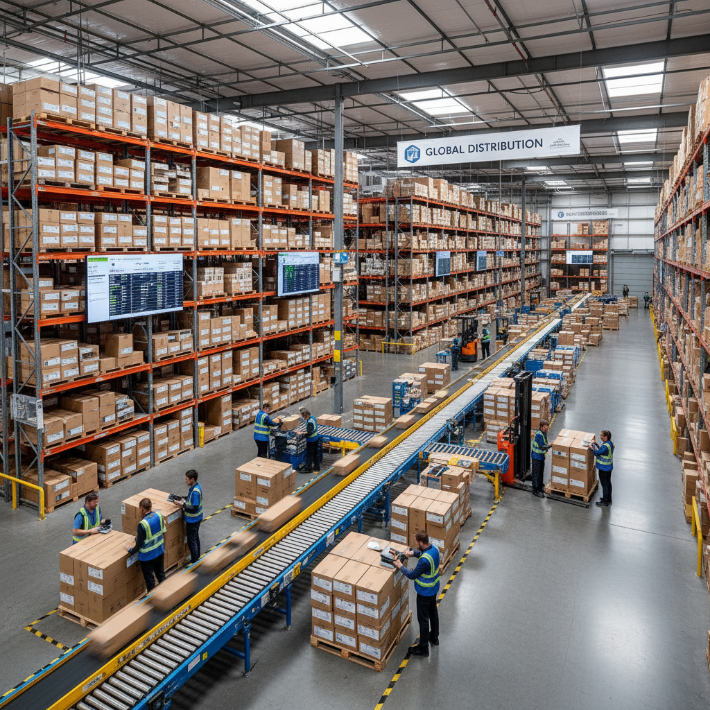 E-commerce fulfillment warehouse with workers and conveyor belts, airy bright environment