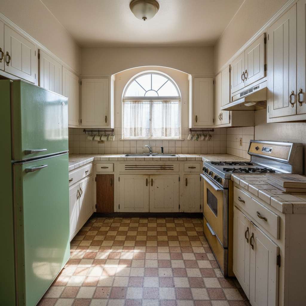Luxurious renovated kitchen with dark lower cabinets, white quartz countertops, brass hardware and integrated appliances after renovation