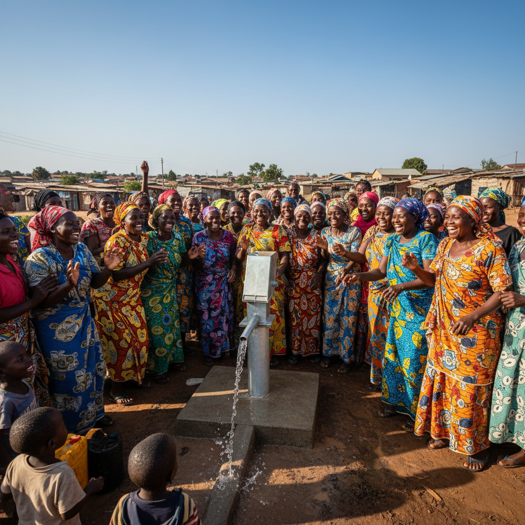 African woman drawing water from a village borehole in bright daylight, dusty surroundings, wearing colourful clothing