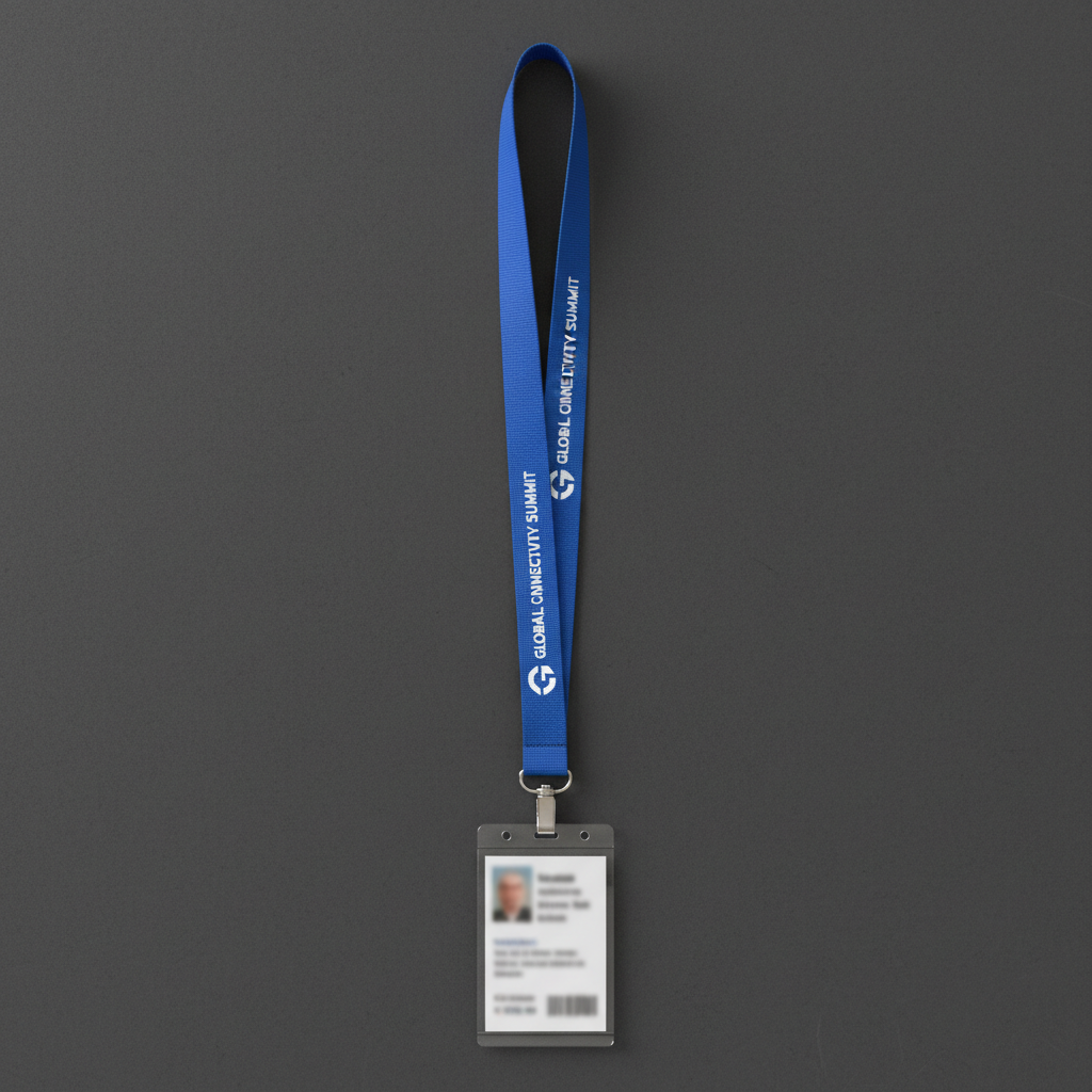 Conference lanyard with screen-printed carrier branding hanging against dark background