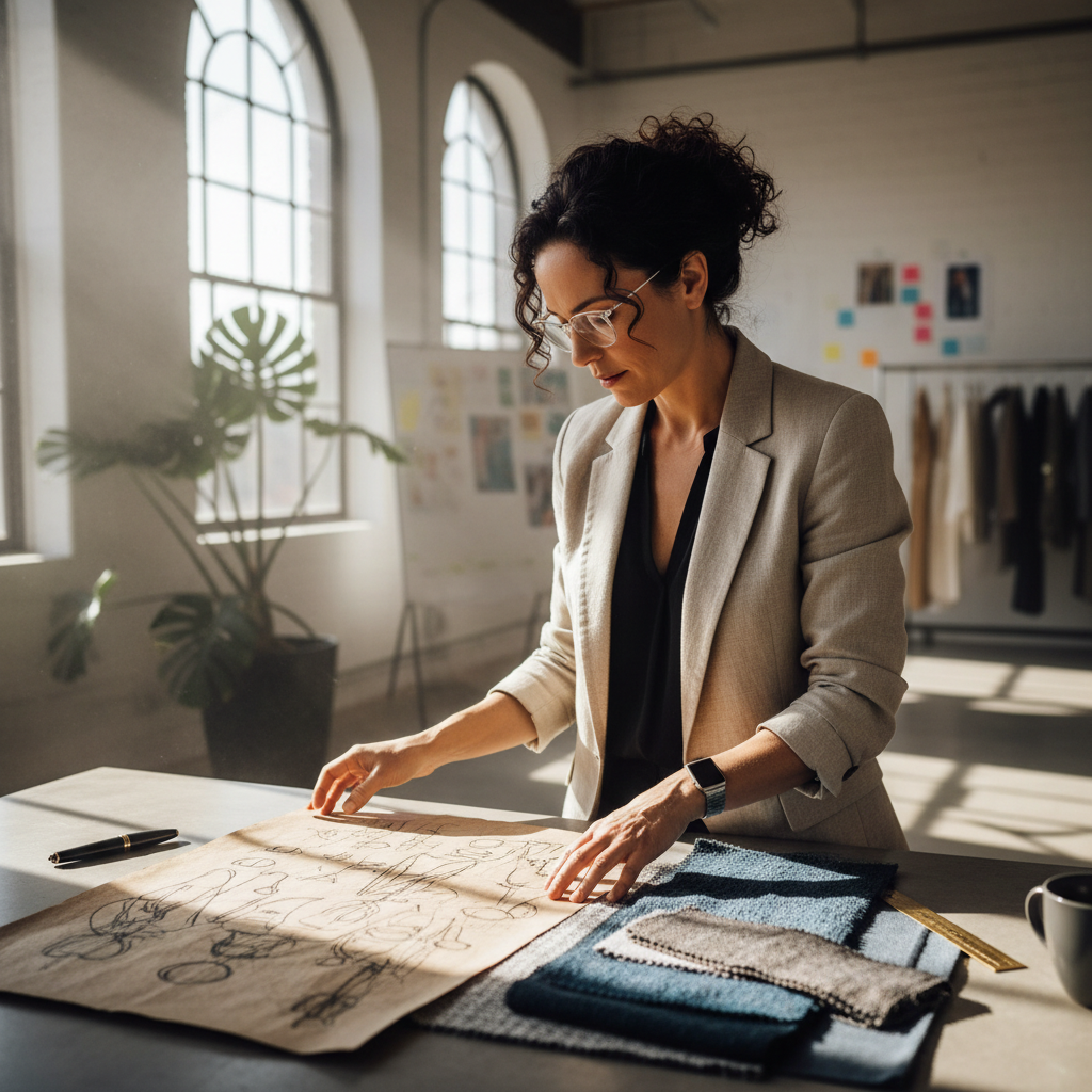 Fashion designer Elena Marchetti in her studio, natural light from tall windows, surrounded by fabric swatches and sketches