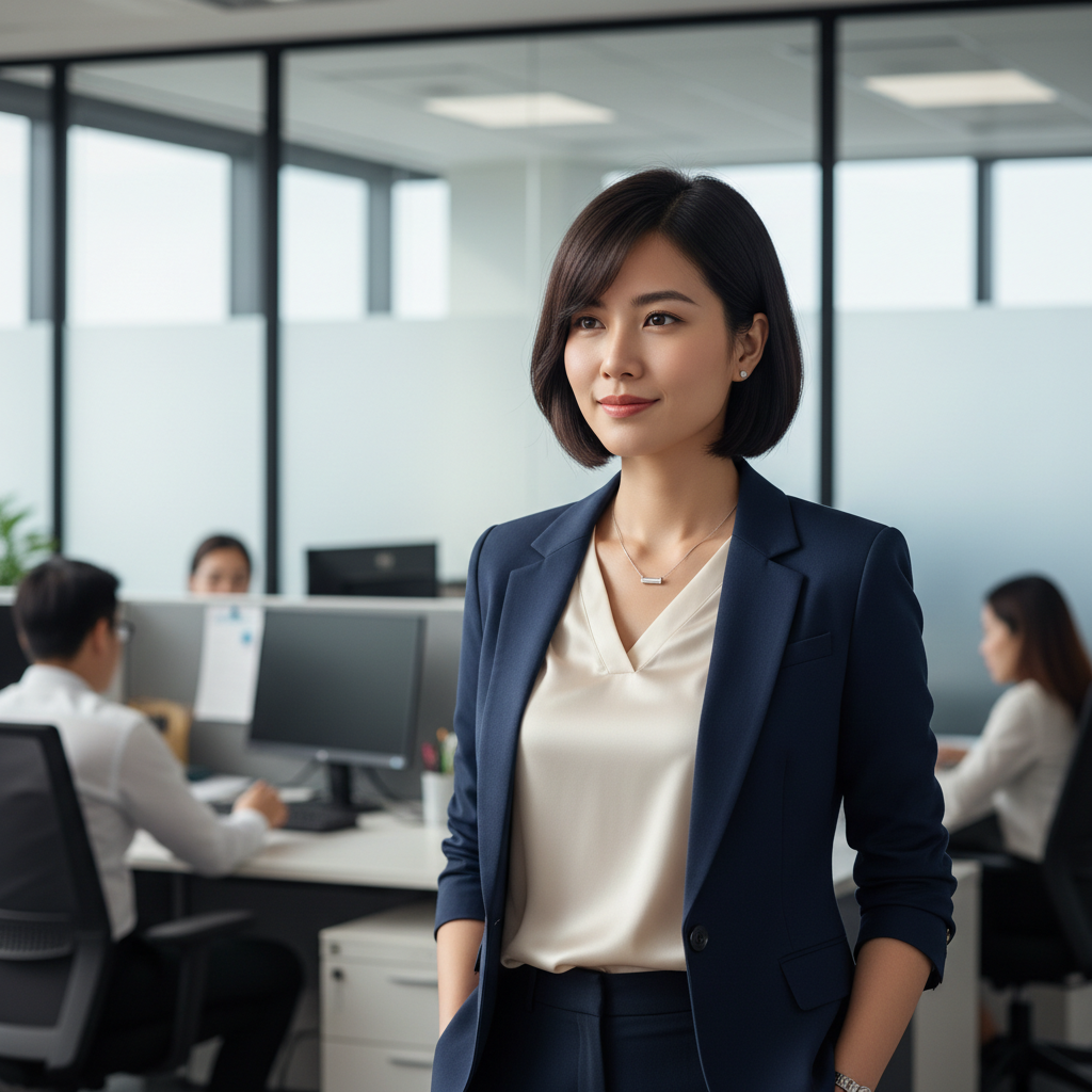 Professional Vietnamese woman in business attire, corporate office background, neutral expression