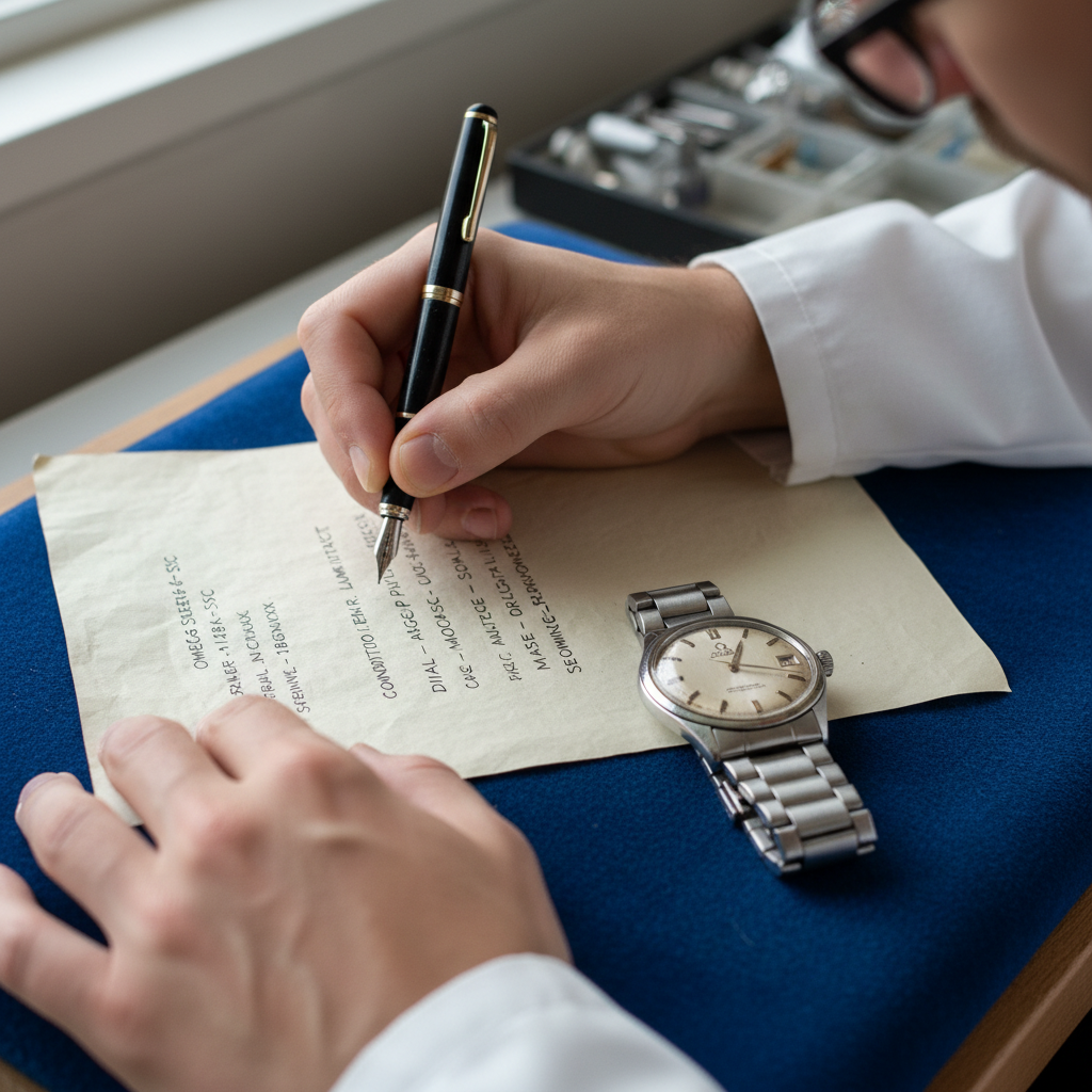 Watchmaker writing a detailed handwritten condition report beside a vintage Omega Seamaster on a velvet pad