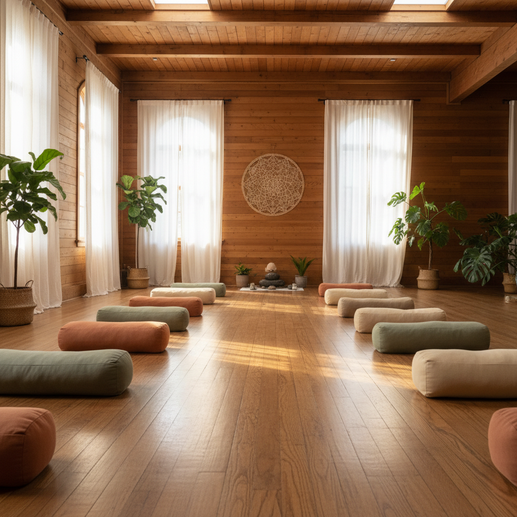 Simple yoga studio with wooden floors, white walls, and natural light streaming in