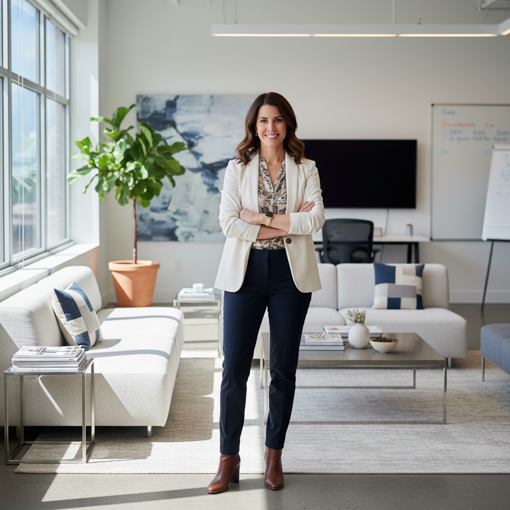 Confident professional standing tall in a modern office lobby, open posture, natural light, calm expression