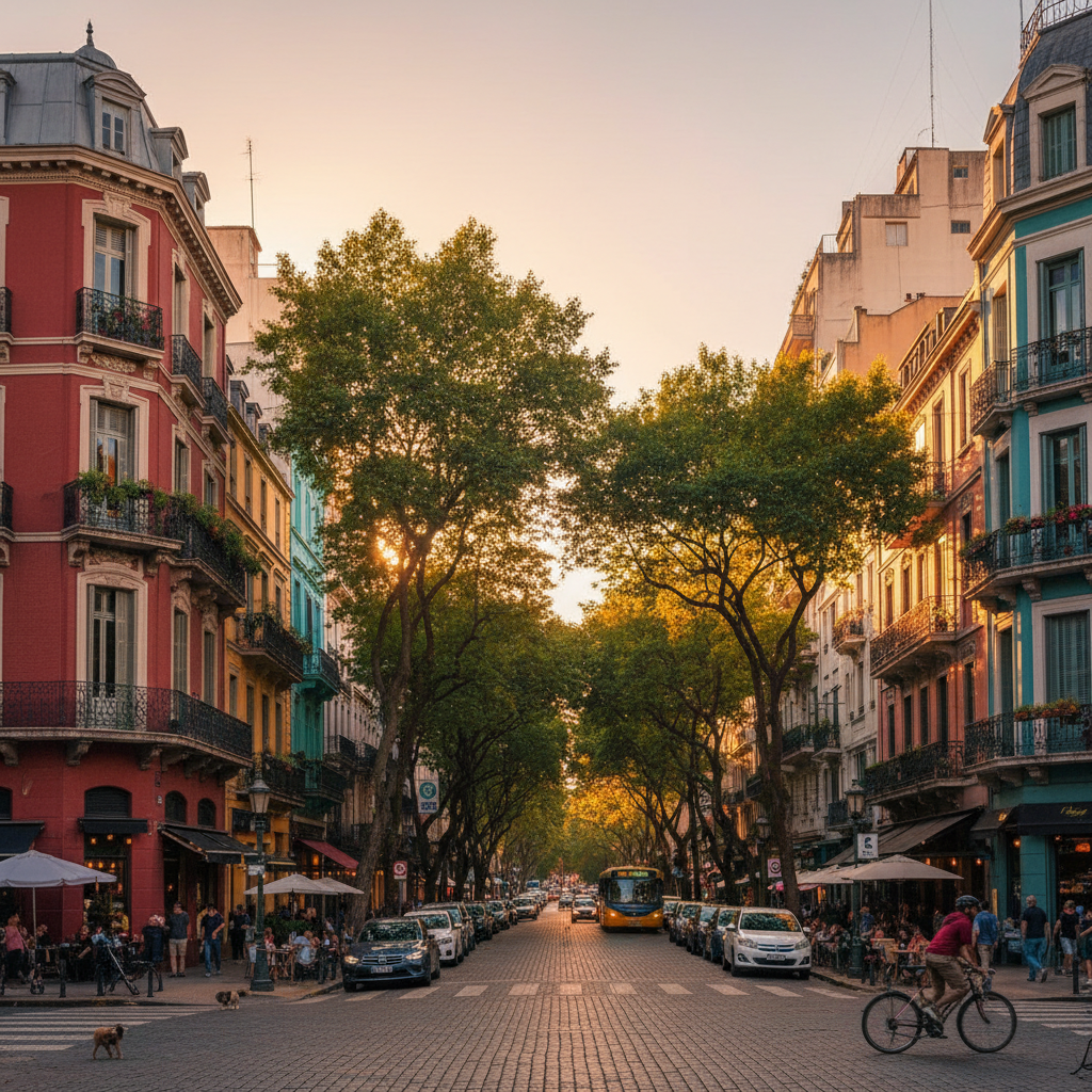Buenos Aires colorful Palermo neighborhood at golden hour with European-style architecture and tree-lined boulevards