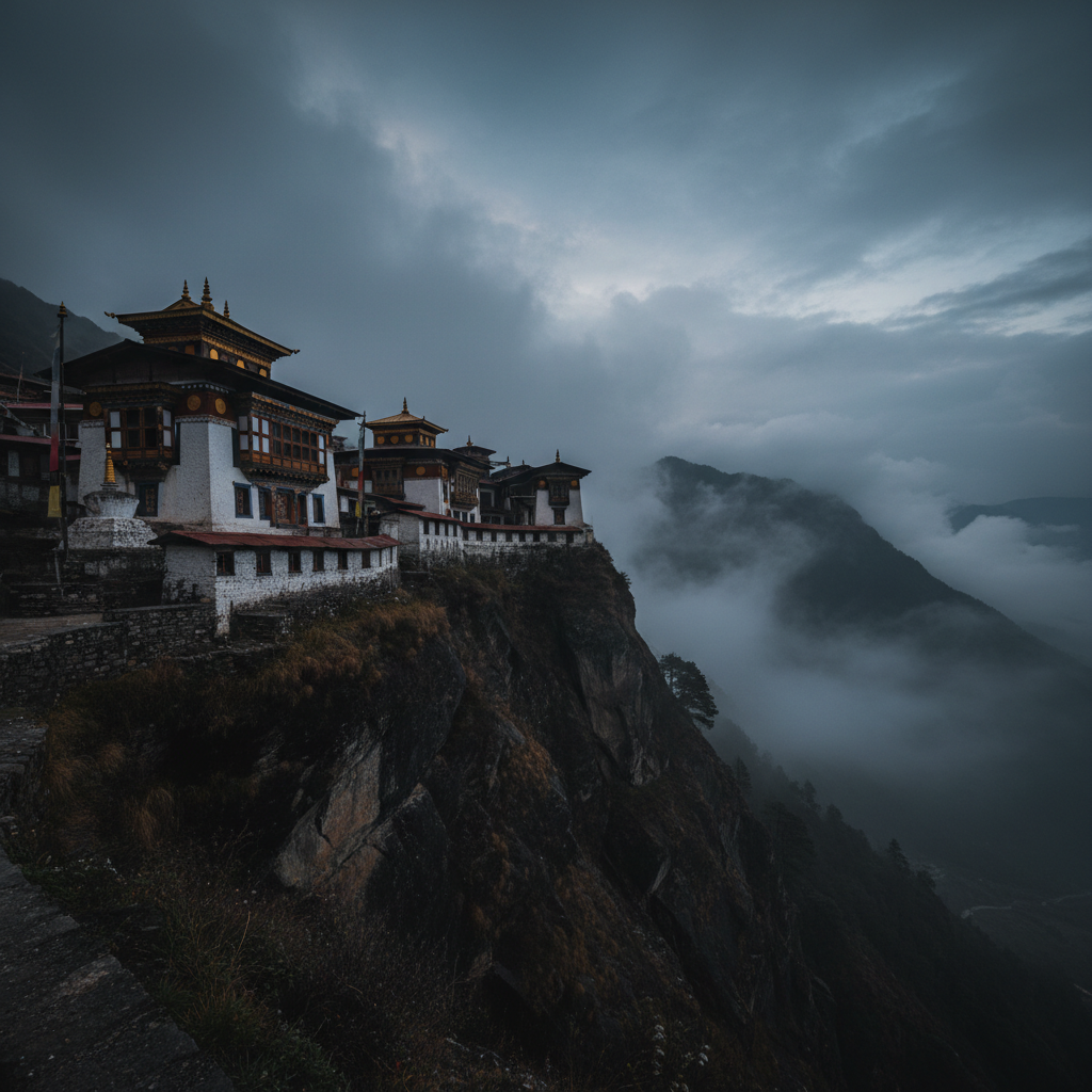 Ancient Himalayan monastery perched on rocky cliffs surrounded by dense forest and mist-covered mountain peaks in Bhutan, golden prayer flags fluttering in mountain breeze