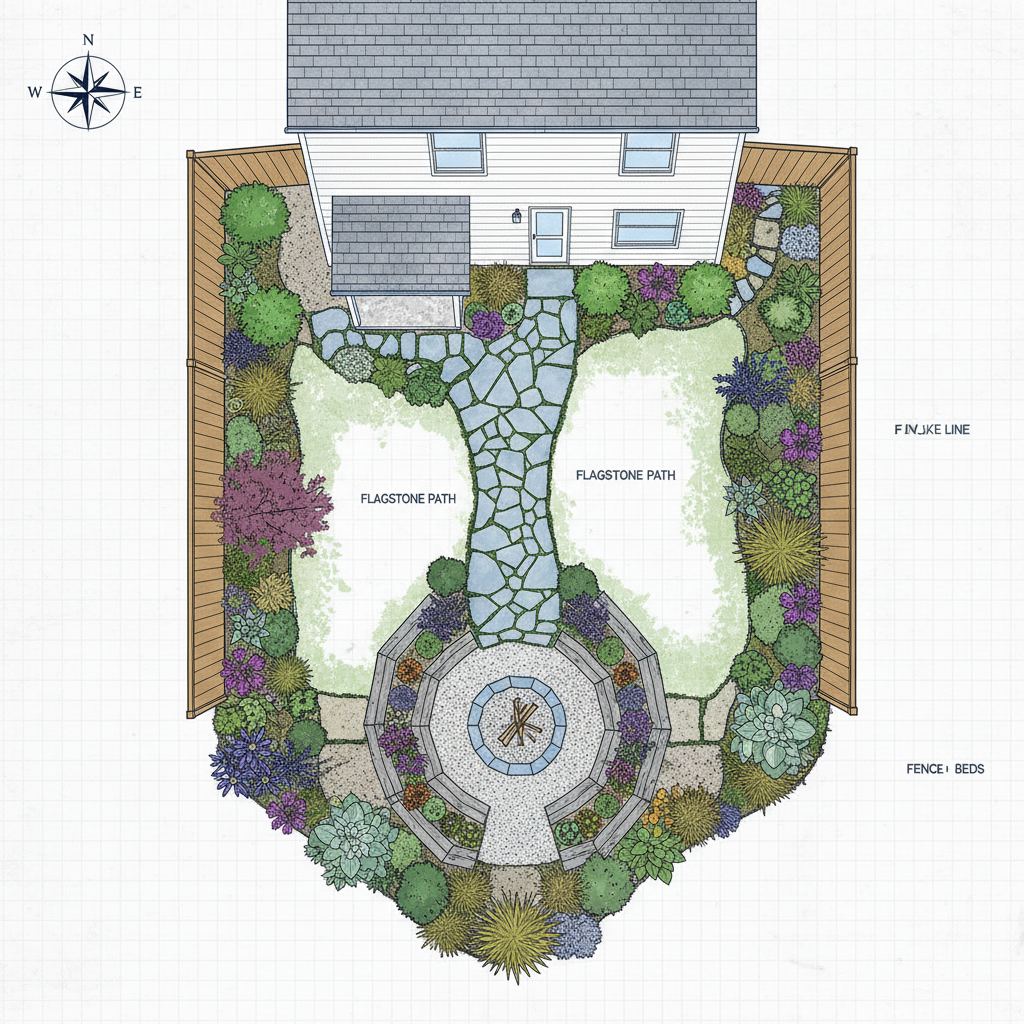 Site plan showing flagstone path layout from back door to fire pit with planting bed borders